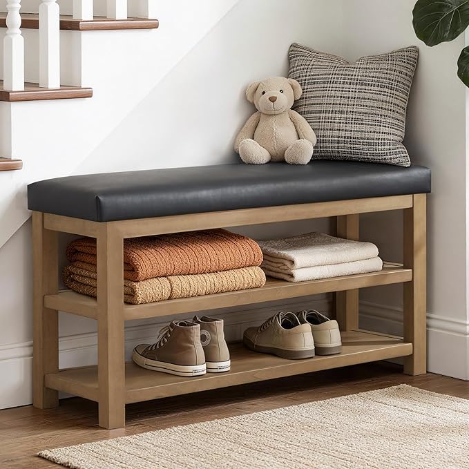Shoe Rack Bench with Leather Cushion, 2 Tier Solid Wood Storage Bench, Mid-Century Modern Shoe Bench for Entryway, Hallway, Closet, Front Door Entrance, Foyer (Black, 46.5)