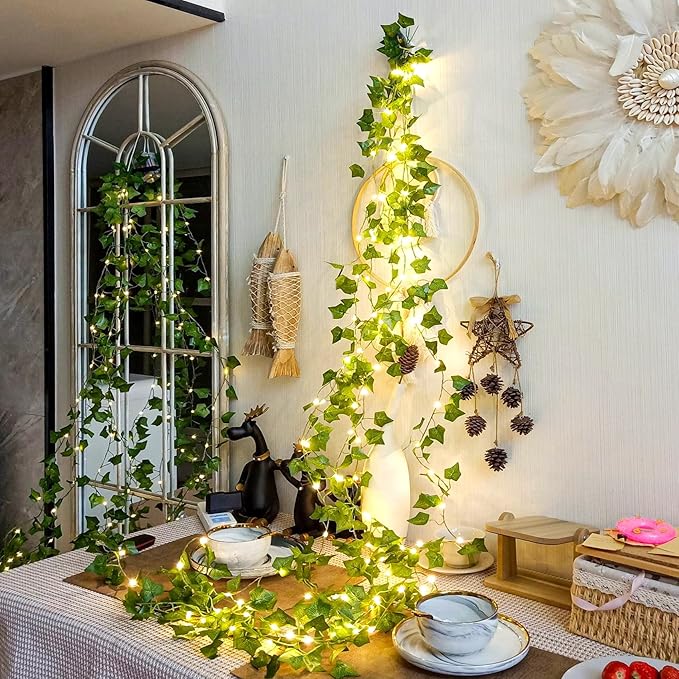 KASZOO 33ft 100 LED Vine with Fairy Lights with Remote, Fake Vines String Lights Battery/USB Operated, Ivy Garland, Leaf Lights for Bedroom Garden Party Wall Room Decor