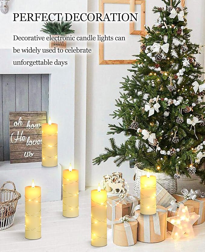 Upinmz Flickering Flameless Candles with Embedded String Lights, Battery Operated Candles with Remote Control and Timer,LED Candles for Home Decoration,Real Wax, 5 Pack Ivory