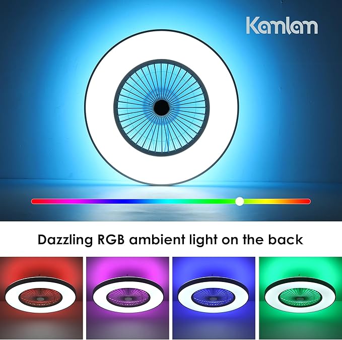 24" Smart Bladeless Ceiling Fan with RGB Ambient Light, Low Profile Flush Mount Fan with APP/Remote/Alexa Control, Dimmable LED Color Changing Light, 6-Speed Quiet Motor, White
