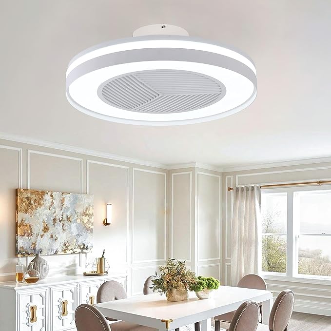 Smart Low Profle Ceiling Fans with 3-Dimmable Light Remote/APP Control, 20" Bladeless Ceiling Fans with 6 Speeds, Timer, Quiet DC Motor, Ceiling Fan with Light for Kids Bedroom/Living Room