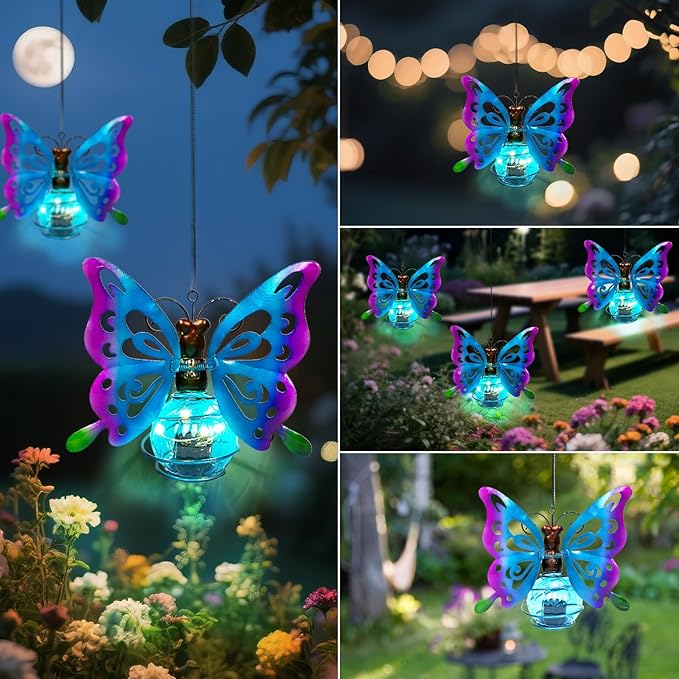 Solar Hanging Butterfly Lights LED Outdoor Garden Decor Light Waterproof Powered Unique Decorations for Sister Birthday Gardening Gifts for Mom Women Front Porch Balcony Backyard Yard Path