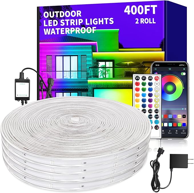400Ft Outdoor Waterproof LED Strip Light,Music Sync RGB IP68 Led Lights with App/Remote Control,Color Changing Waterproof RGB Exterior Rope Self Adhesive Back,Balcony,Garden（2 rolls of 200ft）