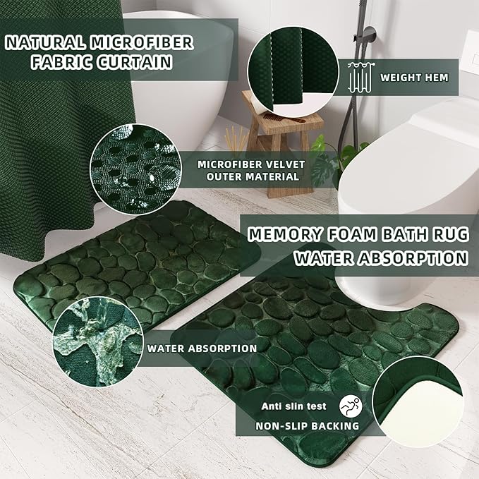 XLHOMO Bathroom Set- 25PC Green Bathroom Sets, Bathroom Set with Shower Curtain and Rugs, Dark Green Shower Curtain Set, Bathroom Accessories Set, Bathroom Trash Can