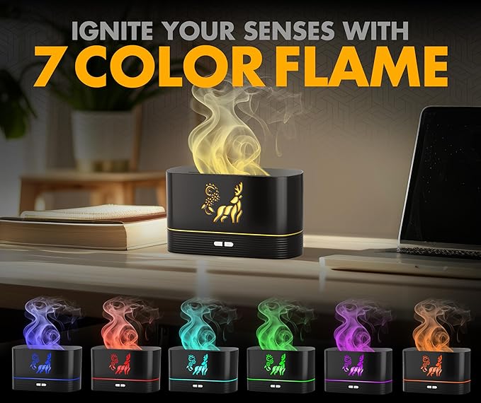 Colorful Aroma Essential Oil Diffuser for Home, Quiet Cool Mist Flame Humidifier for Bedroom with Remote, Fire Flame Diffuser Humidifier with Scent (Black)