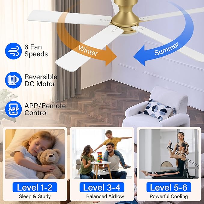52 Inch Ceiling Fans with lights,RGB Low Profile Ceiling Fan with Light and Remote Control,Modern Flush Mount Ceiling Fans for Bedroom,Patio,Porch,Outdoor Indoor Use,in Black White and Gold,Quiet