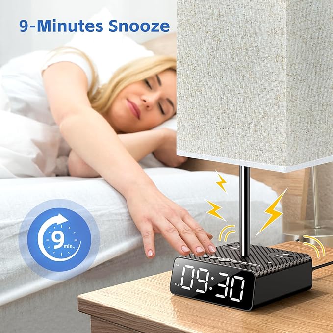 BTU Bedside Table lamp with Alarm Clock - 3 Color Temperatures Bedside Lamps with USB C and A Ports,Table Lamps with AC Outlet, Nightstand Lamps for Kids Room, Living Room, College Dorm, Home, Office