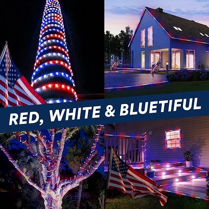 WYZworks 1656LEDs 150ft LED USA Patriotic American Red White Blue Outside Rope Lights, Outdoor ETL Certified Waterproof Permanent 360 Degree Light, Flexible Tube, Connectable, Palm Tree Exterior