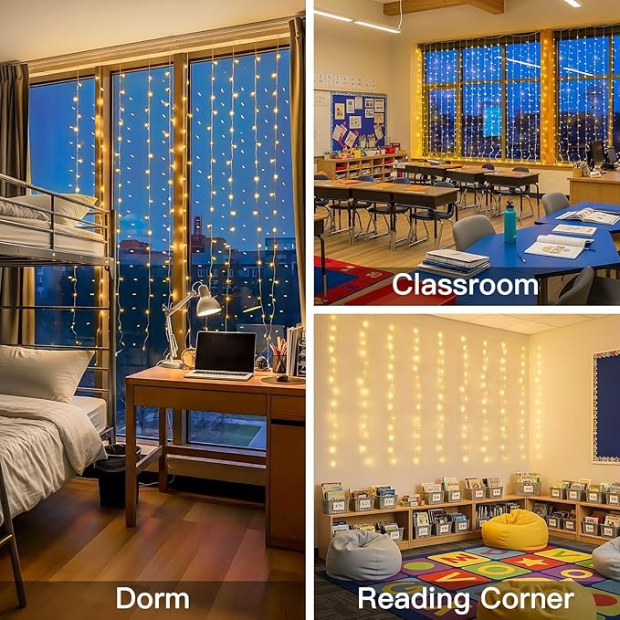 suddus Curtain Lights for Bedroom, 200 Led Hanging String Light Outdoor, Fairy Curtain Lights Indoor for Christmas, Dorm, Wall, Backdrop, Window, Wedding, Party, Birthday Decor, Warm White