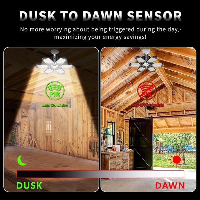 Motion Sensor Garage Light,20000LM Garage Lights Ceiling Led Motion Activated,Motion Light Indoor with Dusk to Dawn,Screw in Light Bulb for Basement Attic Warehouse (4 Pack)