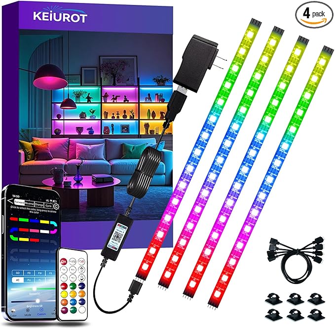 LED Strip Lights 4 Pre-Cut RGB Led Light Strip With APP & Remote Control, Multi-color Music Sync Changing Strip Lights for Cabinets Shelf Closets TV Backlight Kitchen Bedroom, With Power Adapter