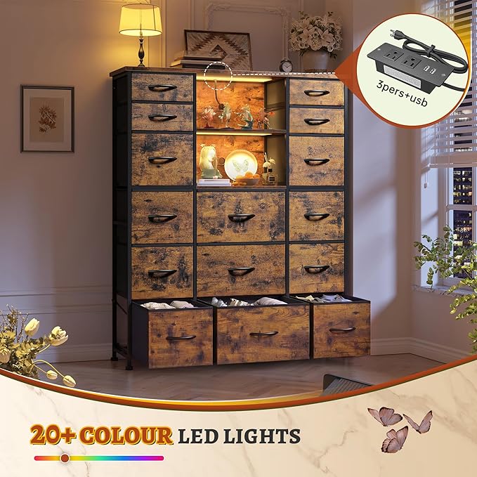 EnHomee 51" H Dresser with 15 Drawers Dresser for Bedroom with Charging Station & LED Lights & Hutch Sturdy Fabric Bedroom Dressers, Steel Frame, Wood Top, Rustic Brown, 51.2" H x 39.3" W x 11.8" D