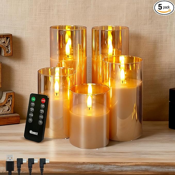 Rechargeable Flameless Candles, Realistic Flickering LED Flameless Candles Real Wax Candle with Remote Control and Timer, Gold Glass Electronic Candle, 1 Set of 5（Gold）