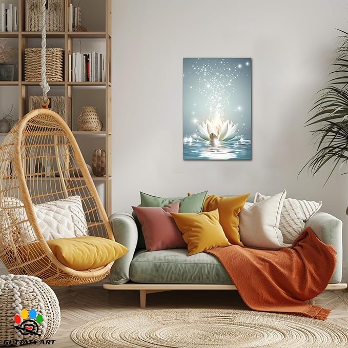 Zen White Lotus Flower Canvas Wall Art, Lotus Flower Pictures Bathroom Zen Print, Spiritual Water Lily Canvas Prints, Lotus Bloom on Water Poster, Zen Calm Relax Artwork for Yoga Spa Room 18x24 inch