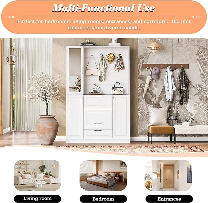 Merax Hall Tree with Foldable Bench and Shoe Storage, Entryway Coat Rack with Mirrored Cabinet Door, Hooks, Drawer, and Cabinets, Modern Hall Trees for Hallway, Living Room,White