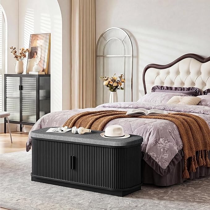 Shoe Storage Bench, Entryway Bench with Storage, Shoe Bench with Cushion and Sliding Door, Fluted Storage Bench, Entry Bench for Entryway, Hallway, Living Room, Bedroom, Black and Gray MHX02BB