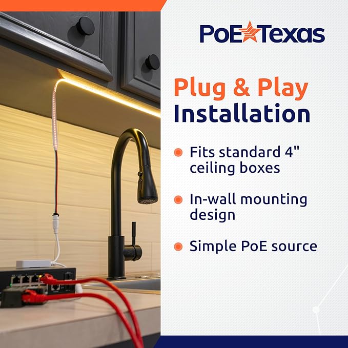 PoE Texas RGB LED Strip Lighting Kit - Plug & Play PoE Driver with COB LED Strip - Wireless Light Switch & App Control - Individually Addressable Color Changing Dotless Lights for Home or Office