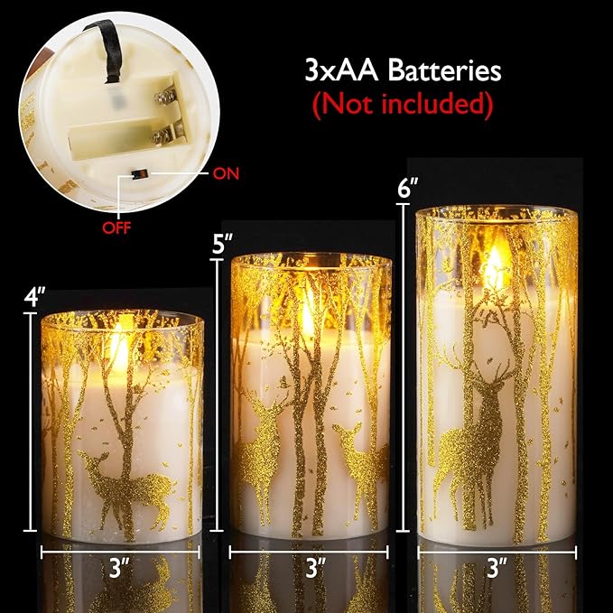 Homemory Christmas Flickering Flameless Candles with Remote Timer, Gold Deer Battery Operated Candles, Glass Real Wax LED Pillar Candles for Home Holiday Decor, Set of 3