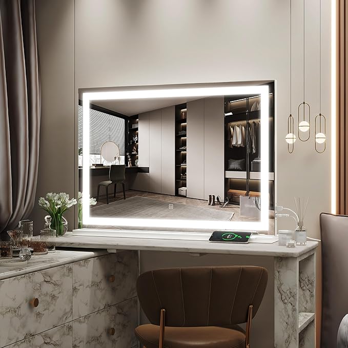 ROLOVE Vanity Mirror with Lights, 32" x 22" Large Lighted Vanity Mirror with Dimmable 3 Modes, LED Makeup Mirror, USB Charging Port, Tabletop or Wall-Mounted Square White