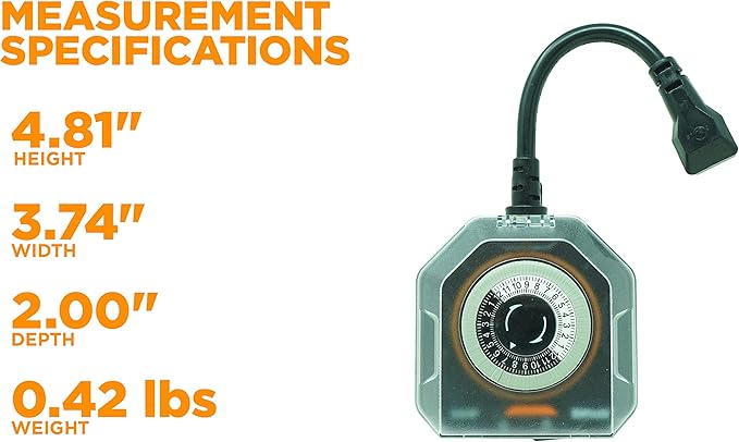 Southwire Woods Outdoor 24-Hour Heavy Duty Mechanical Timer - Dual Grounded Outlet - Programmable Timer - Waterproof Design - Energy Saving Outdoor Power Control - Black