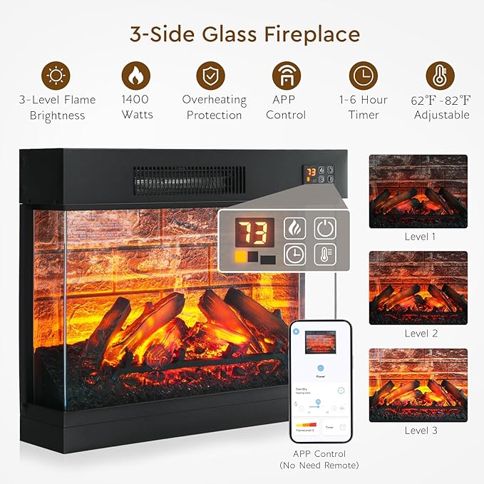 LGHM LED Electric Fireplace TV Stand with Outlet, 72'' Fireplace Mantel for TVs up to 80'', Modern Entertainment Center with 3-Sided Glass Fireplace Heater Insert for Living Room, Black