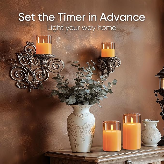 5plots Flameless Battery Operated Candles Set of 3, Gold LED Candles with Remote Timer, Real Wax Glass Pillar Candles Warm Flickering Light for Indoor Home, Halloween, Christmas Decor D3 x H4 5" 6"
