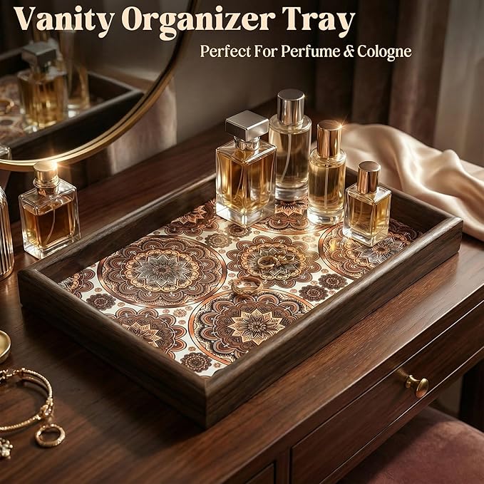Zosenley Wooden Valet Tray with Leather Base - Nightstand Catchall Organizer for Cologne, Perfume, Keys, Wallet, Phone, Watch, Jewelry & Sunglasses (Bohemian)