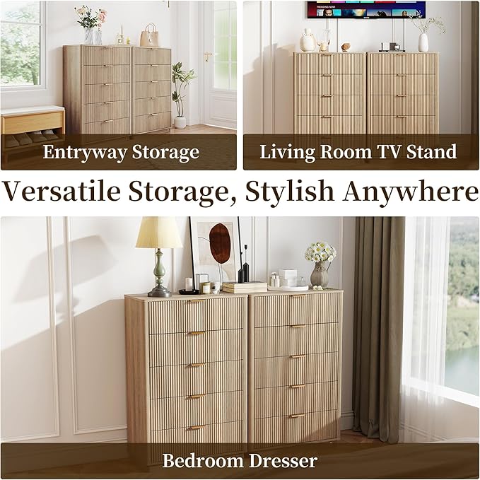 Fluted Dresser for Bedroom with 5 Drawers, 31.5" Wide Modern Chest of Drawers with Lighting, Wooden Dresser TV Stand with Curved Edges, Closet Organizer for Living Room, Hallway,Natural