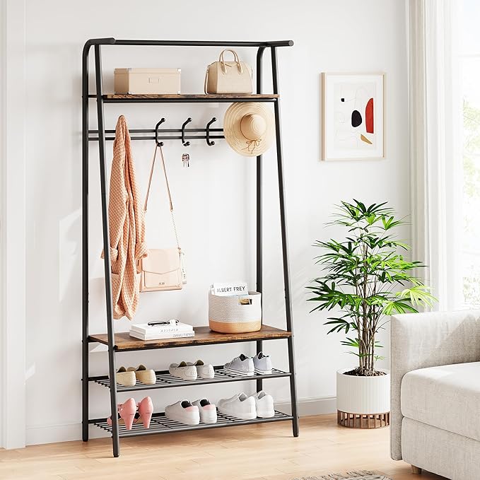 31.5" Coat Rack Hall Tree Shoe Bench with Hooks, 4 in 1 Shelf Entryway Hall Tree with Storage, Freestanding Metal Frame Multifunctional Hallway Organizer, Wood Look Accent Furniture for Bathroom