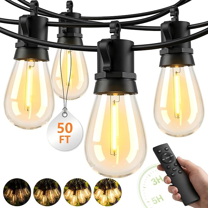 Outdoor String Lights LED Patio-Light - 50Ft Outside Waterproof Dimmable Porch Lights with Remote Shatterproof S14 Bulbs Outside Hanging Light Connectable Lighting for Gazebo Backyard Bistro Pergola