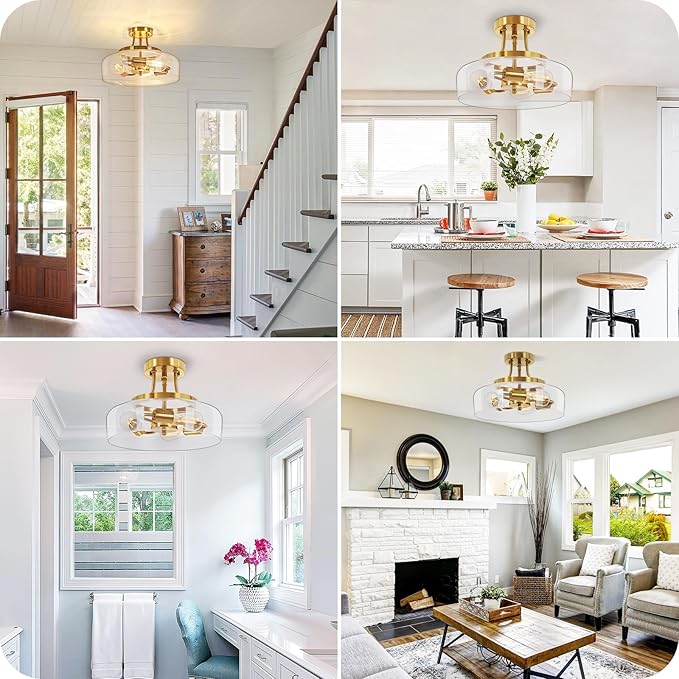 TOBUSA 3-Light Semi Flush Mount Light Fixture, Modern Industrial Glass Ceiling Light with E26 Base, Metal Semi Flush Ceiling Light for Living Room Kitchen Bedroom Hallway Balcony, No Bulbs, Gold