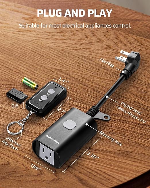 DEWENWILS Outdoor Remote Control Outlet, 15A Wireless Remote Control Switch, 100FT Control Range & 14AWG SJTW Power Cord, Weatherproof for Lights Outdoor Appliances