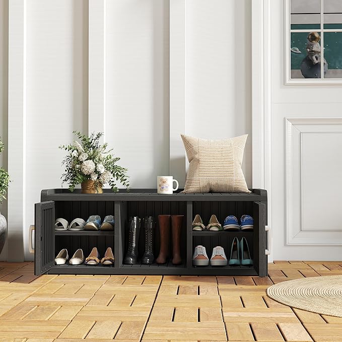 NUNU LAB Shoe Storage Cabinet, Waterproof Shoe Organizer with Adjustable Shelves, UV-Resistant Entryway Shoe Cabinet Bench with 2 Barn Doors for Indoor Outdoor, Foyer, Hallway, Living Room,Black