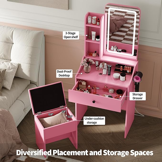 DUMOS Makeup Vanity Desk, Vanity Table Set with Mirror and Lights, Small Vanity with Storage Bench, Charging Station and Hair Dryer Holder, Dressing Table with Drawer and Three Shelves, Pink
