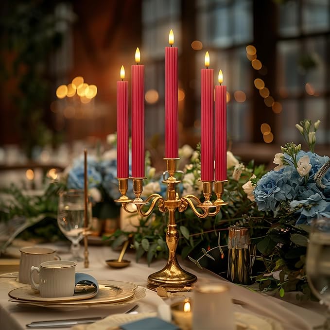 WYZworks 10" Fluted Ribbed LED Red Grooved Pillar Candles, Remote & 24h Timer Memory, On/Off Switch - Flameless Dimmable Battery Operated w/Flicker Mode, Home Wedding Decor (12 Pack)