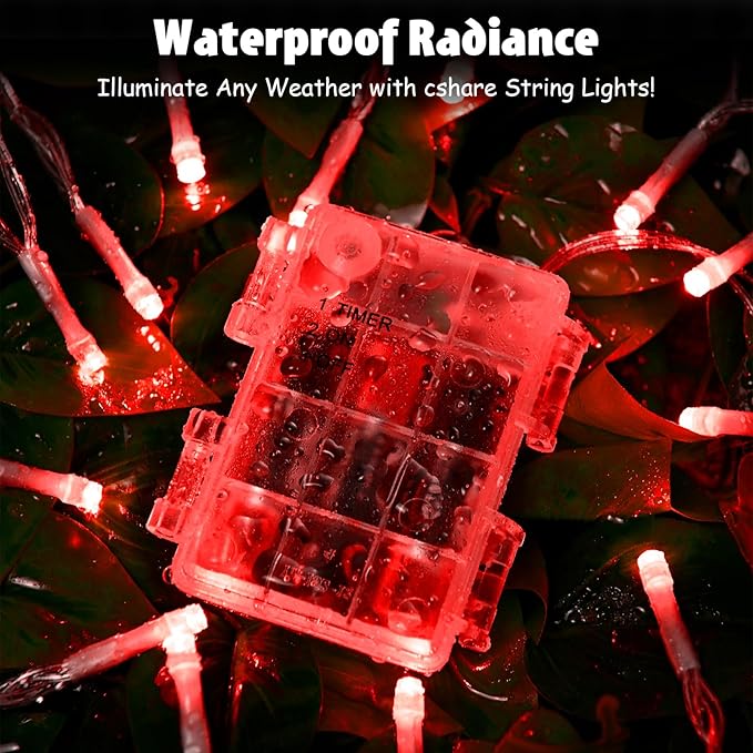 String Lights Outdoor Waterproof 9.8ft 30 LED, Red Fairy Lights Battery Operated with Timer Clear Wire for Indoor & Outdoor Christmas Vanlentines Decorations Garland Party Garden