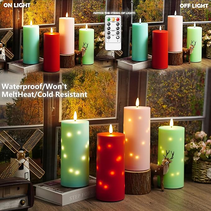 10" x 4" Large Outdoor Waterproof Flickering Flameless Candles with Timer,2Pcs Battery Operated LED Pillar Candles with Embedded Star String for Outdoor Lanterns,Porch,Patio Decor(Pink)