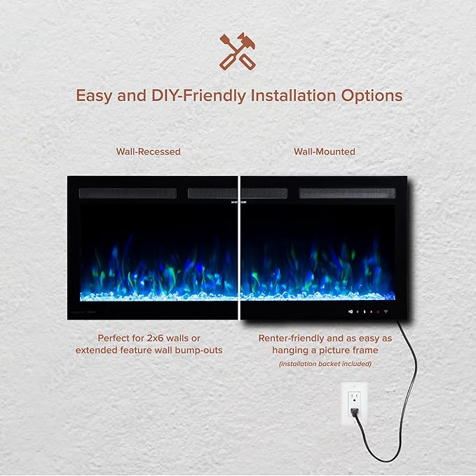 Modern Ember Vibrance 42 Inch Smart Linear Electric Fireplace Insert - Recessed or Wall-Mount, LED Multi-Flame Colors, Alexa/WiFi Enabled - Remote Included - Crystals