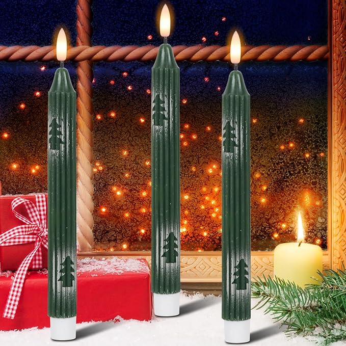 Wondise Christmas Flameless Taper Candles with Remote and Timer, Battery Operated 3D Wick Real Wax LED Candles with Painted Christmas Tree 6 Packs for Christmas Holiday Decor(0.78 x 9.45 Inch)