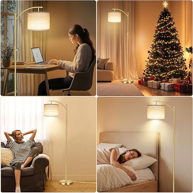ROTTOGOON Dimmable Floor Lamp, Arc Floor Lamps for Living Room, Stepless Dimming Modern Standing Lamp with Linen Shade, Tall Lamp for Bedroom Office Dining Room- Brushed Gold