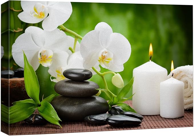 wall26 Canvas Print Wall Art Basalt Stones & Orchids on Wood Panel Nature Floral Photography Realism Rustic Colorful Multicolor Ultra for Living Room, Bedroom, Office - 24"x36"