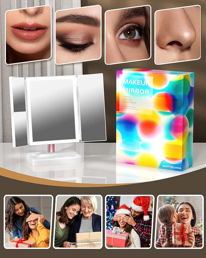 Lighted Makeup Mirror, Dimmable Vanity Mirror with Lights, Three Color Lighting Modes, and 1X 2X 3X Magnification