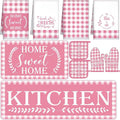 Fourluoo 10 Pcs Kitchen Set Kitchen Towels and Rugs Oven Mitts and Pot Holders Farmhouse Decor for Women Mom Gift Cooking Baking Grilling(Pink White)