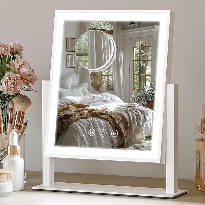 Vanity Mirror with Lights, 3-Color Dimmable & Adjustable Lighted Makeup Mirror with Smart Touch and 360° Rotation