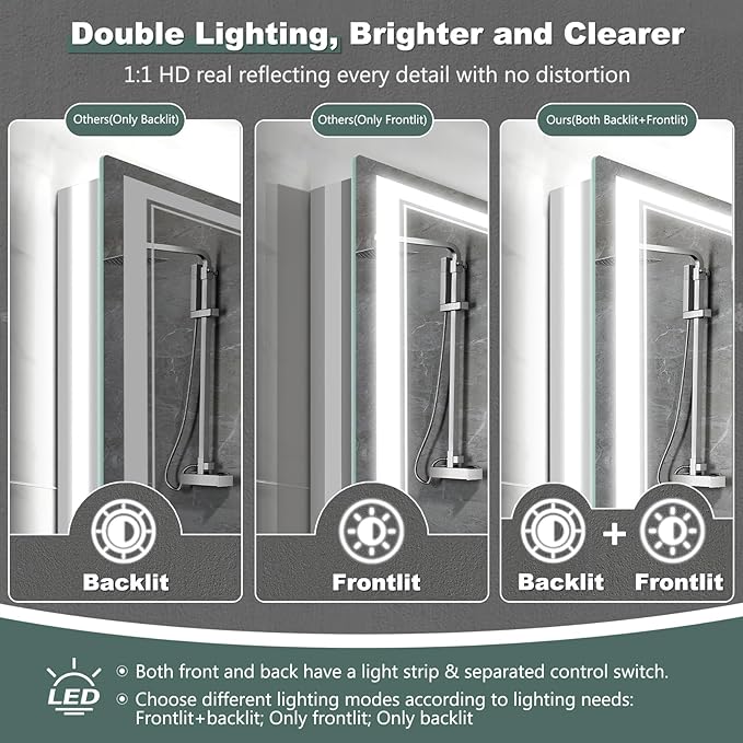LED Bathroom Mirror with Lights: 24"x32" Wall Mounted Large Lighted Mirrors Fogless, Anti-Fog,Dimmable,Memory Function, Shatterproof Tempered Glass, Espejos para Baños, ETL Listed
