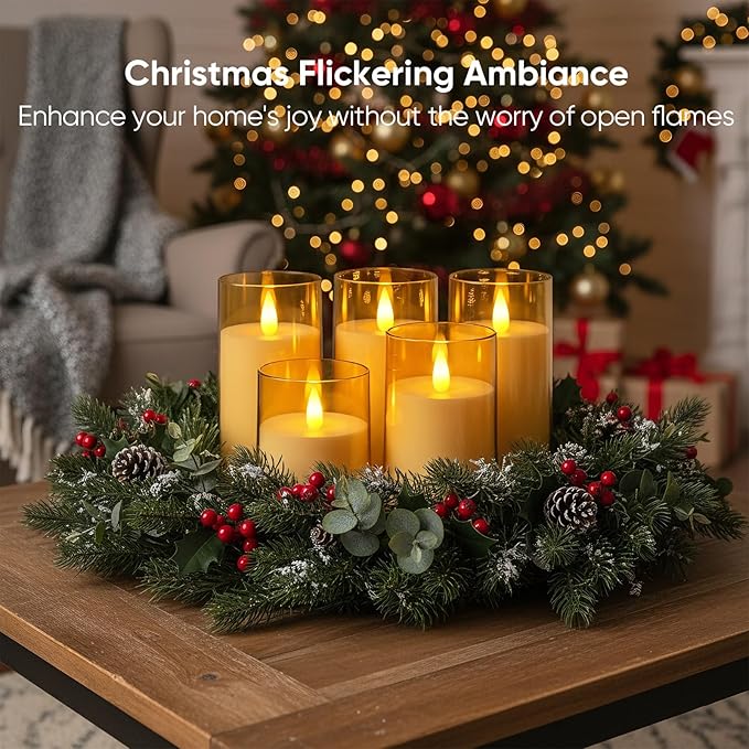 Amagic 3"×4" 5" 6" 6" 6" Gold Flameless Candles with Remote and Timer, Realistic Flickering Battery Operated Acrylic Led Fake Candles for Home Wedding Party Fall Christmas Decor, Set of 5