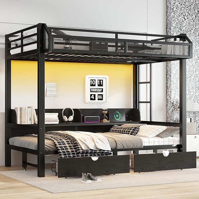 Bellemave Twin XL Over Twin XL Metal Bunk Bed with Storage Drawers and Shelves, Heavy Duty Bunk Beds with LED Lights and Charging Station for Kids,Adults,Convertible into a Sofa Bed,Black