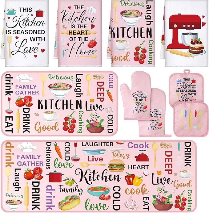 Fourluoo 10 Pcs Cuisine Pink Kitchen Decor and Accessories Set Pink Kitchen Towels Rugs Pot Holders Oven Mitts for Chef Cooking Baking Mom Housewarming Gifts