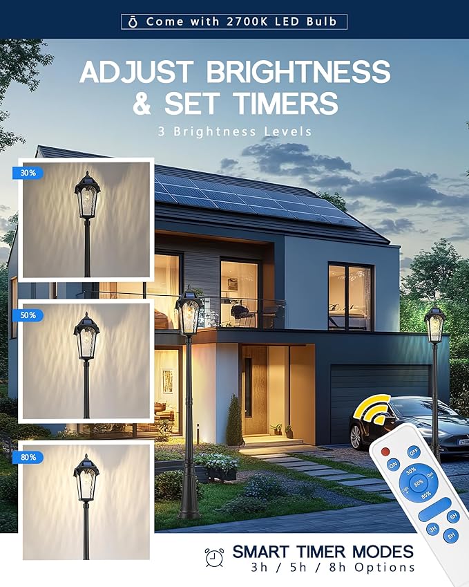 FEMILA Solar Lamp Posts Outdoor Lighting, 85.4" Aluminum Glass Outdoor Pole Lights, Dusk to Dawn Solar Street Light with Remote Control for Yard Garden Driveway, 4FYX95PL-SL BK