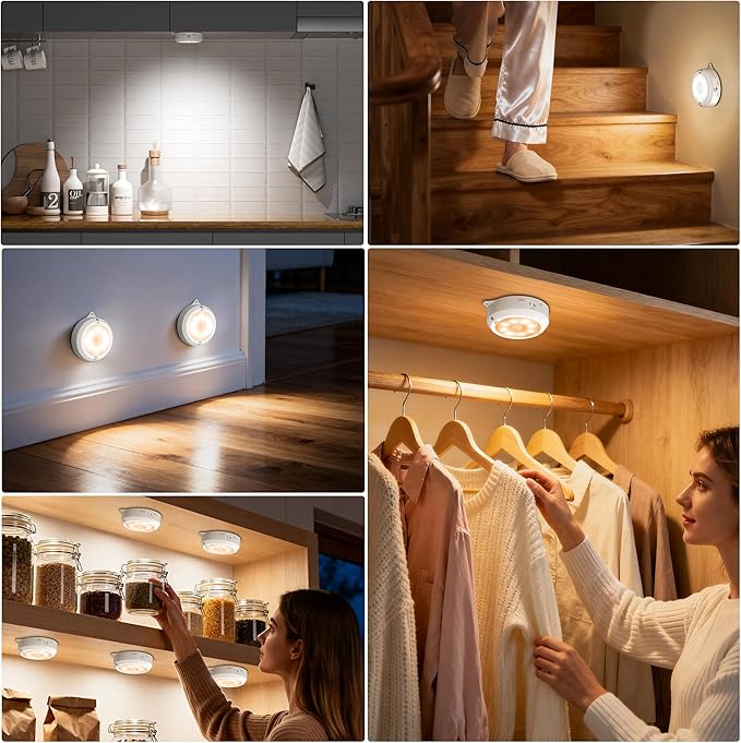 YiaMia Motion Sensor Night Light - 3 Pack, Smart Wireless Closet Lights, 3 Light Colors + Dimming, 3 × AA Battery Operated Indoor Stair Light Suitable for Kitchen, Wardrobe and Hallway